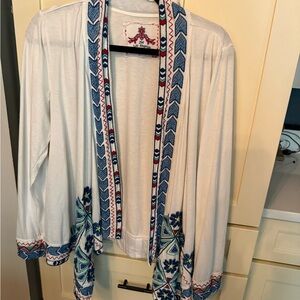 Johnny Was White and Blue Embroidered Cardigan